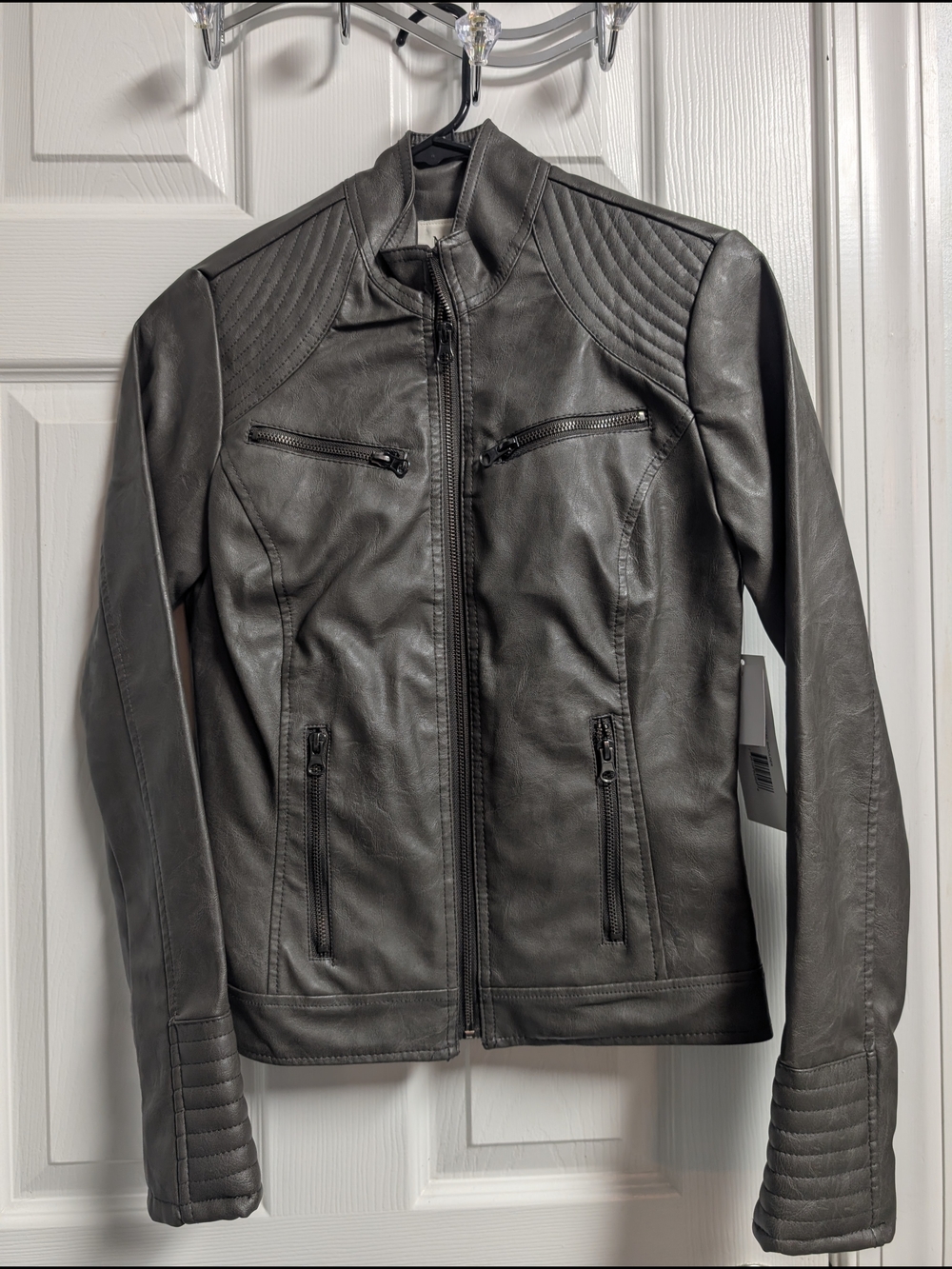 Gray Faux Leather Biker Jacket